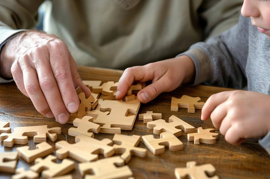 Hands assembling a wooden jigsaw puzzle