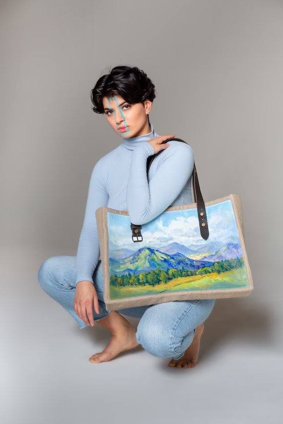 Hand-painted leather tote bag