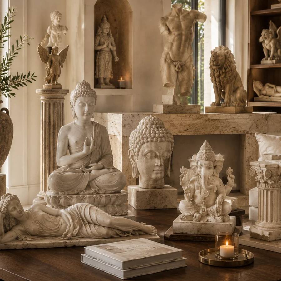 Hand-carved marble statues including Buddha and Ganesha
