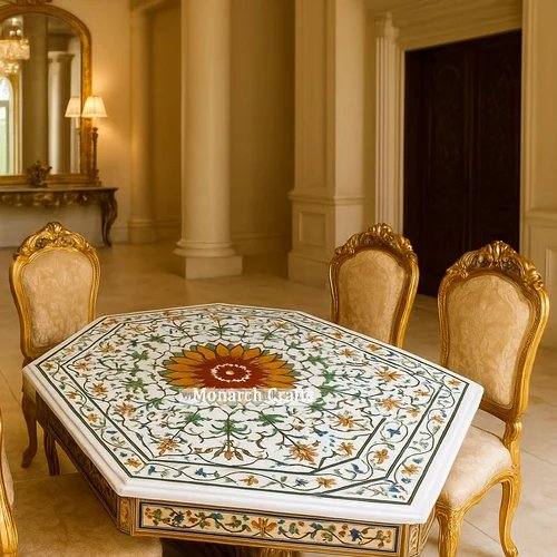 Marble dining table with floral pietra dura inlay