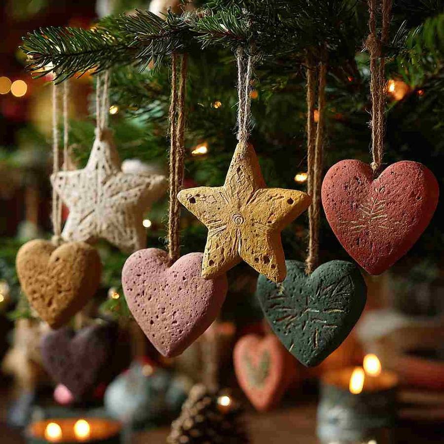 Textured paper-pulp star and heart Christmas ornaments on a tree