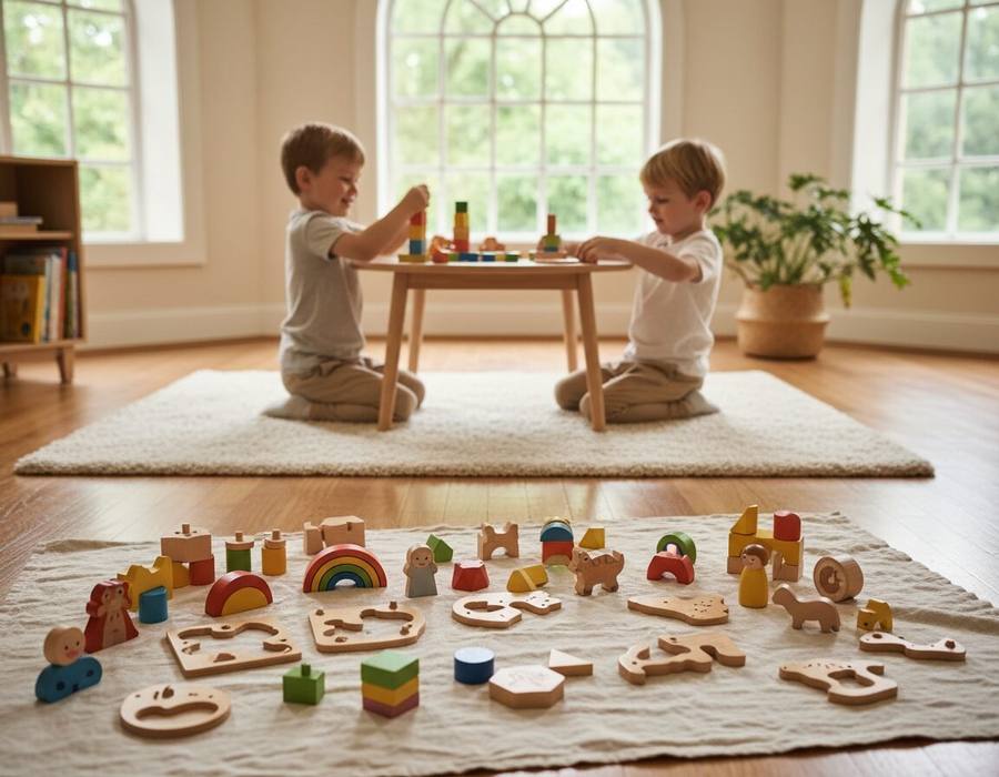 Children playing with educational wooden toy pieces