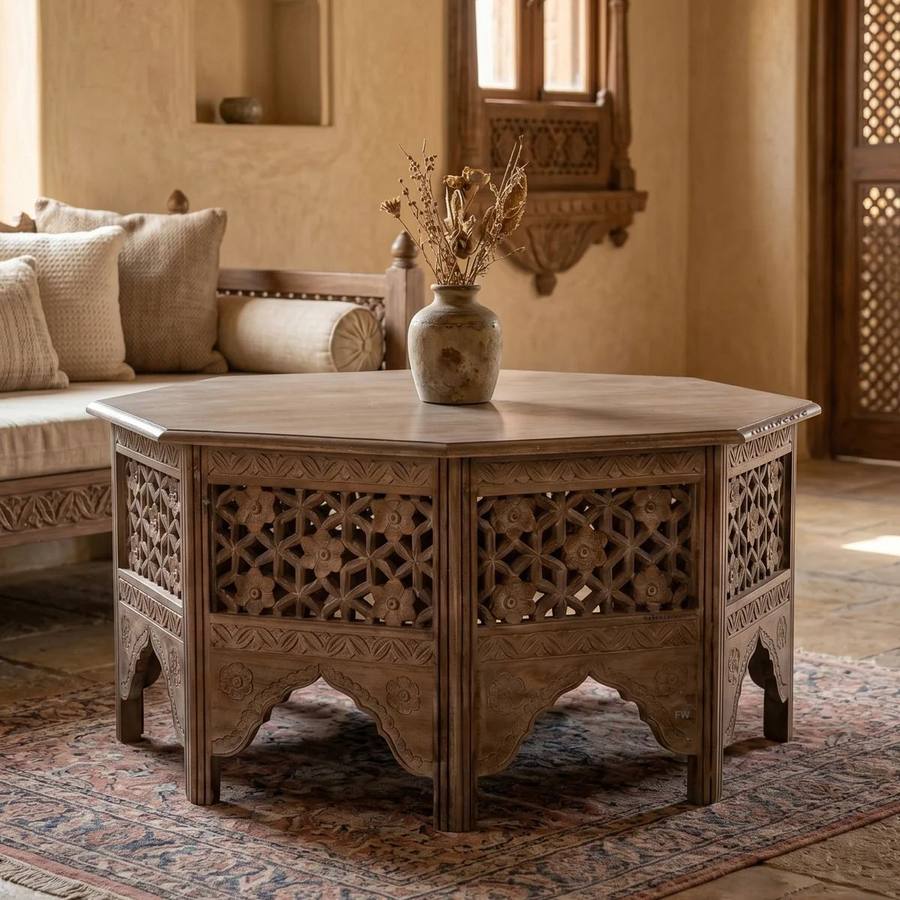 Hand-carved octagonal wooden coffee table