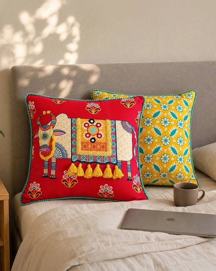 Embroidered cushion covers in colorful patterns