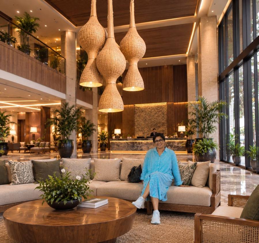 Woven bamboo bell pendant lamps in hotel lobby