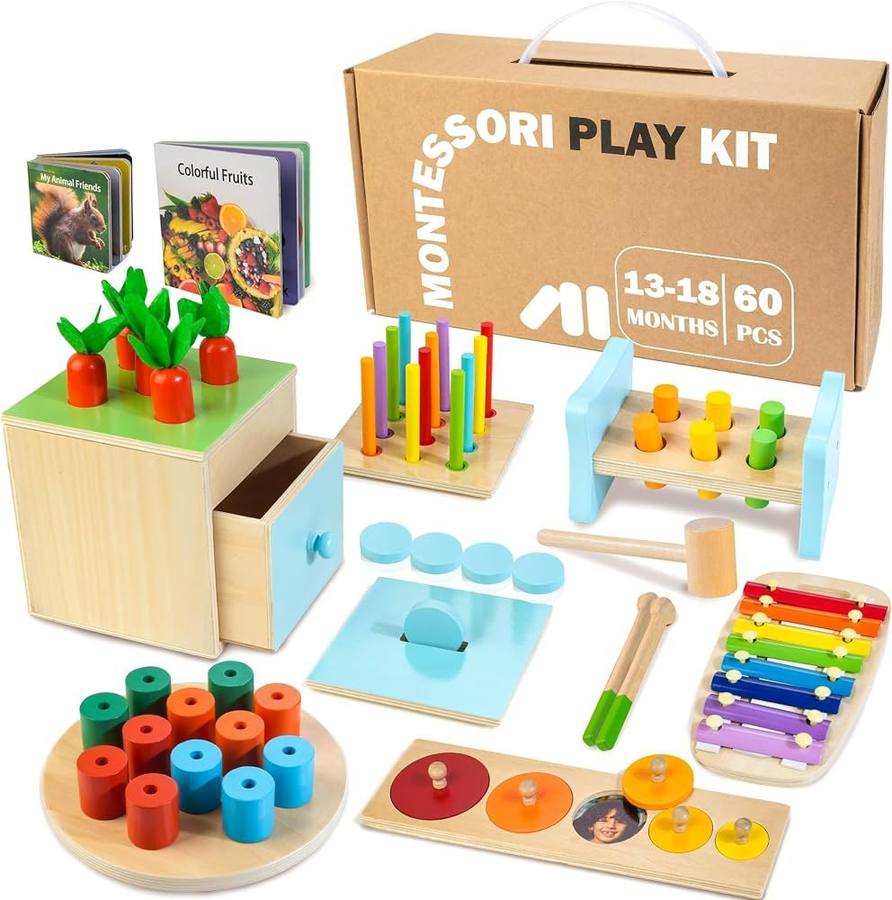 Montessori wooden play kit with sorting and stacking pieces
