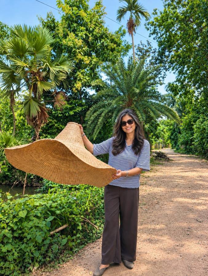 Hand-woven bamboo lampshade outdoors