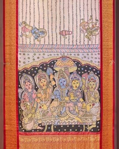 Hand-painted Kalamkari textile depicting a mythological scene
