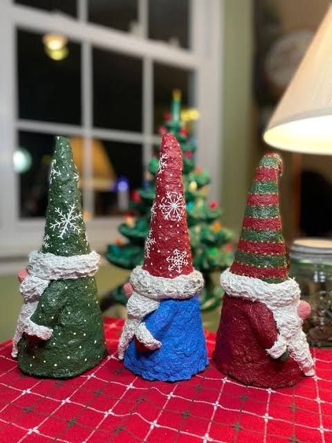 Hand-painted paper-mâché gnome Christmas ornaments