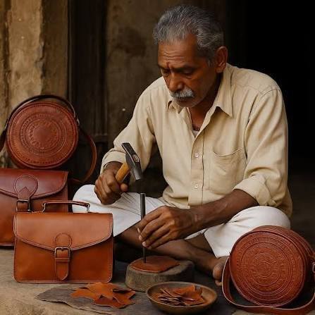 Artisan hand-tooling leather bags in a workshop