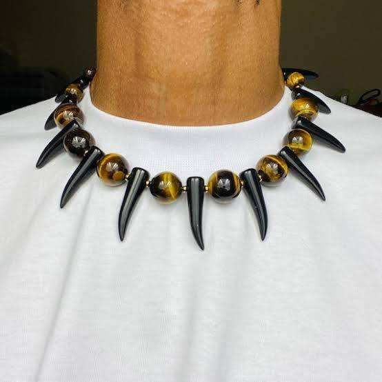 Tribal-style tiger-eye and horn bead necklace