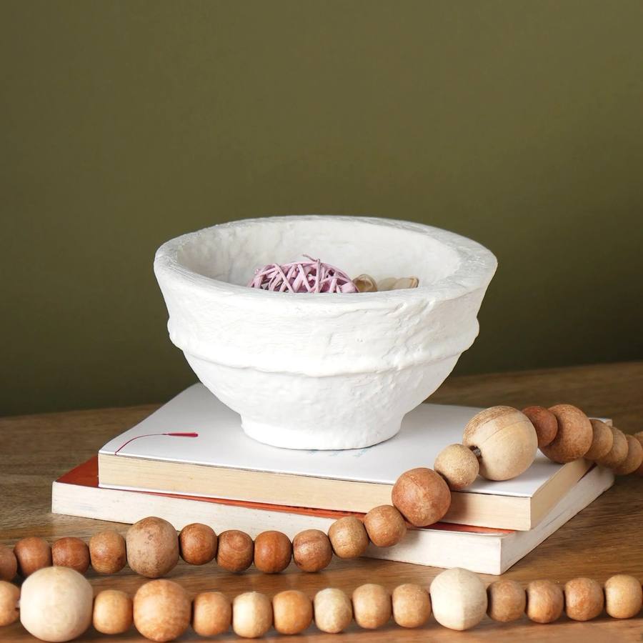 White textured papier-mâché decorative bowl