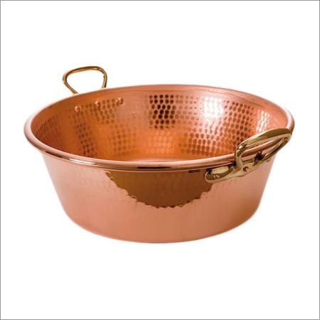 Hand-hammered copper jam pan with brass handles