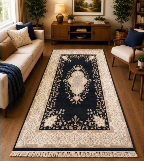 Hand-knotted wool rug with medallion design in a living room