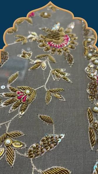 Close-up of Zardozi metallic thread and bead embroidery