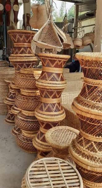 Woven wicker and bamboo baskets and stands