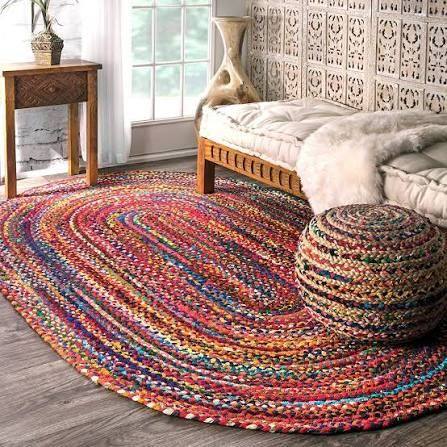 Hand-woven braided rug and matching pouf