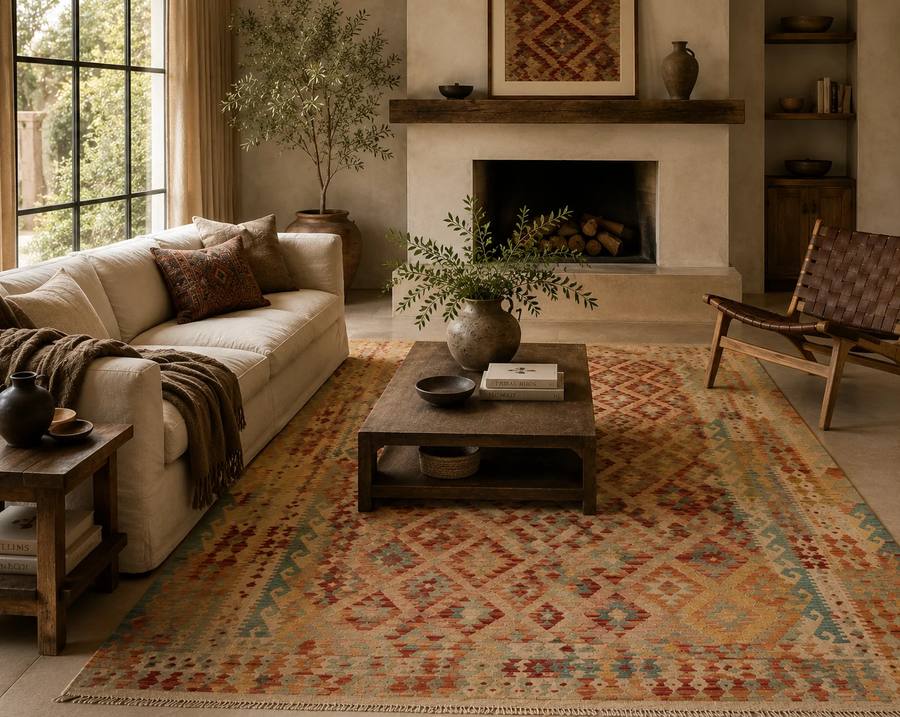 Kilim flat-weave rug in a living room