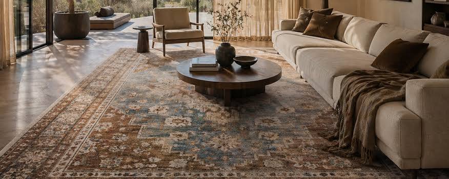 Silk-blend carpet with medallion pattern in a living room