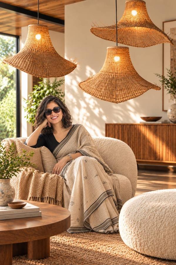 Woven bamboo pendant lamps in a living room