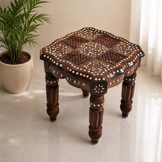 Hand-carved wooden side table with inlay work
