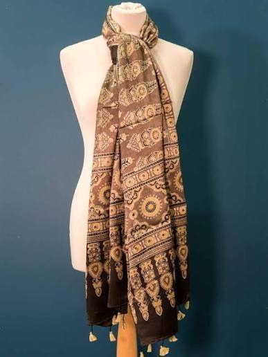 Hand block-printed silk scarf with tassels