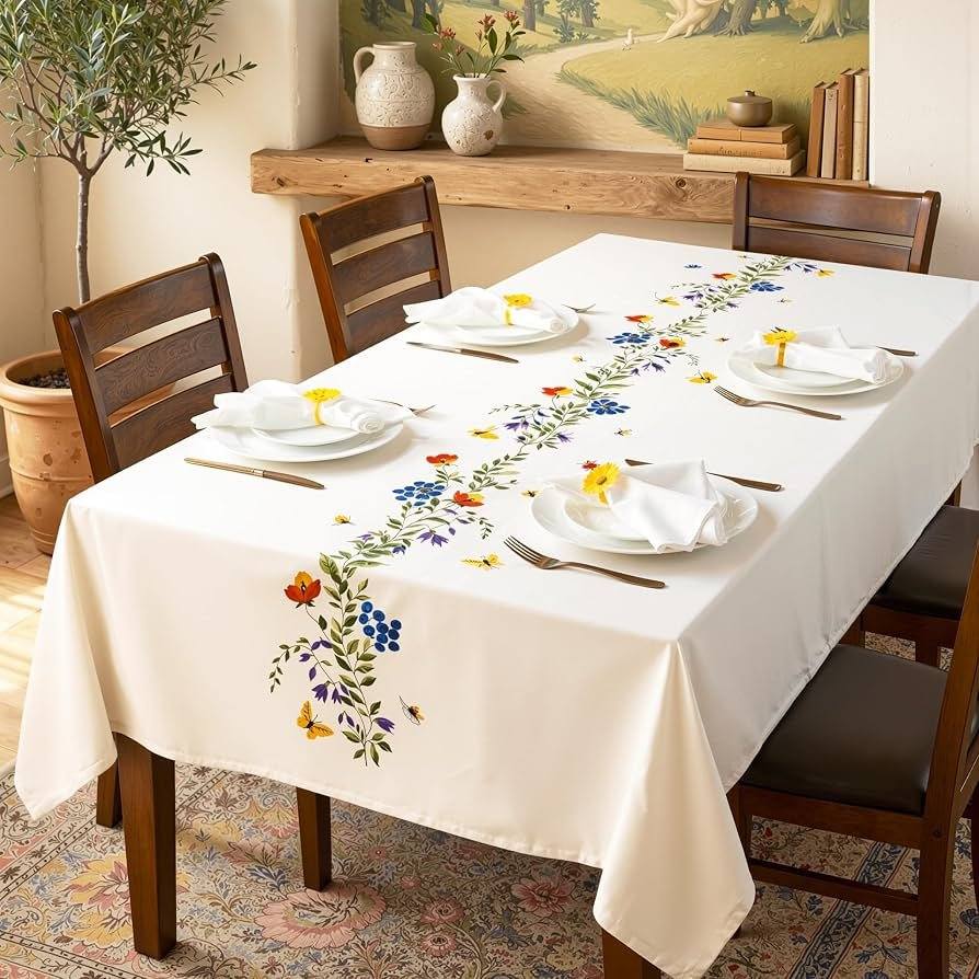 Embroidered floral tablecloth on a dining table