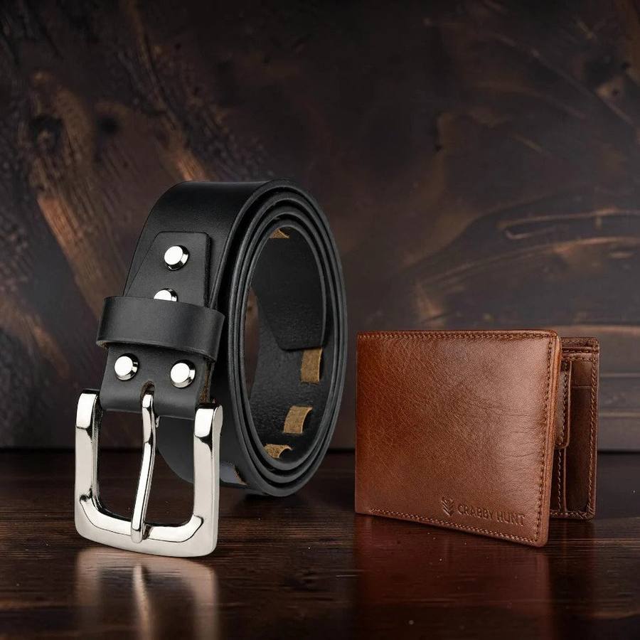 Black leather belt and brown leather wallet