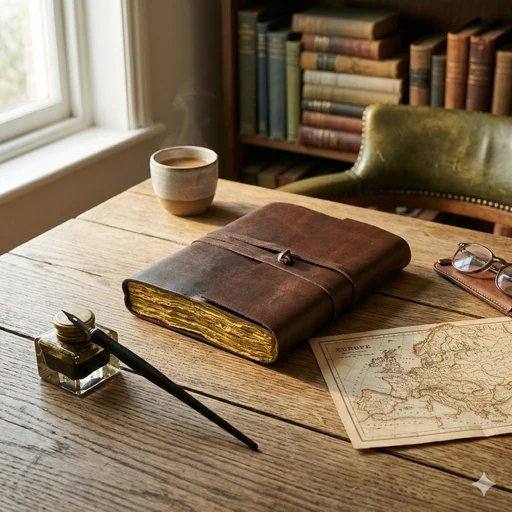 Leather-bound journal with deckle-edge pages on a writing desk