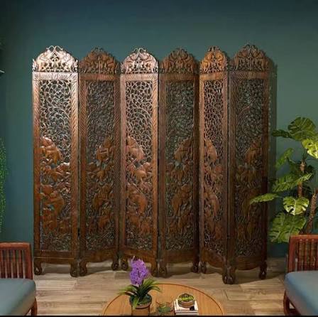 Hand-carved jali lattice wooden room divider screen