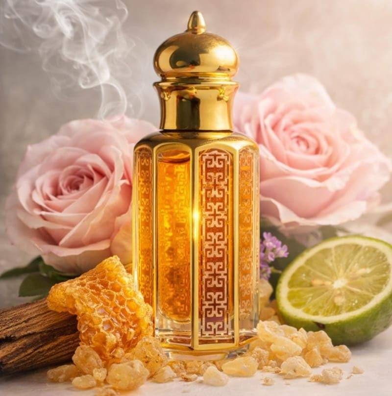 Gold attar perfume bottle with rose petals and honeycomb