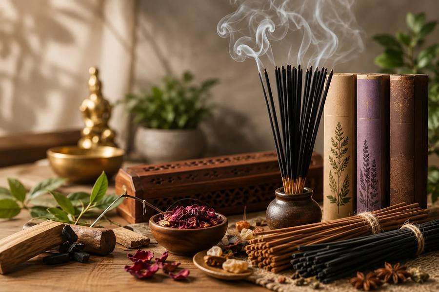 Burning incense sticks with rolled incense cones and dried petals