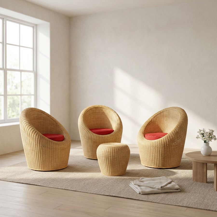 Set of woven cane barrel chairs with an ottoman and coffee table