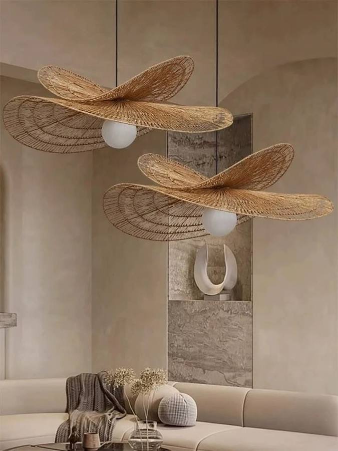 Pair of woven bamboo cone pendant lamps