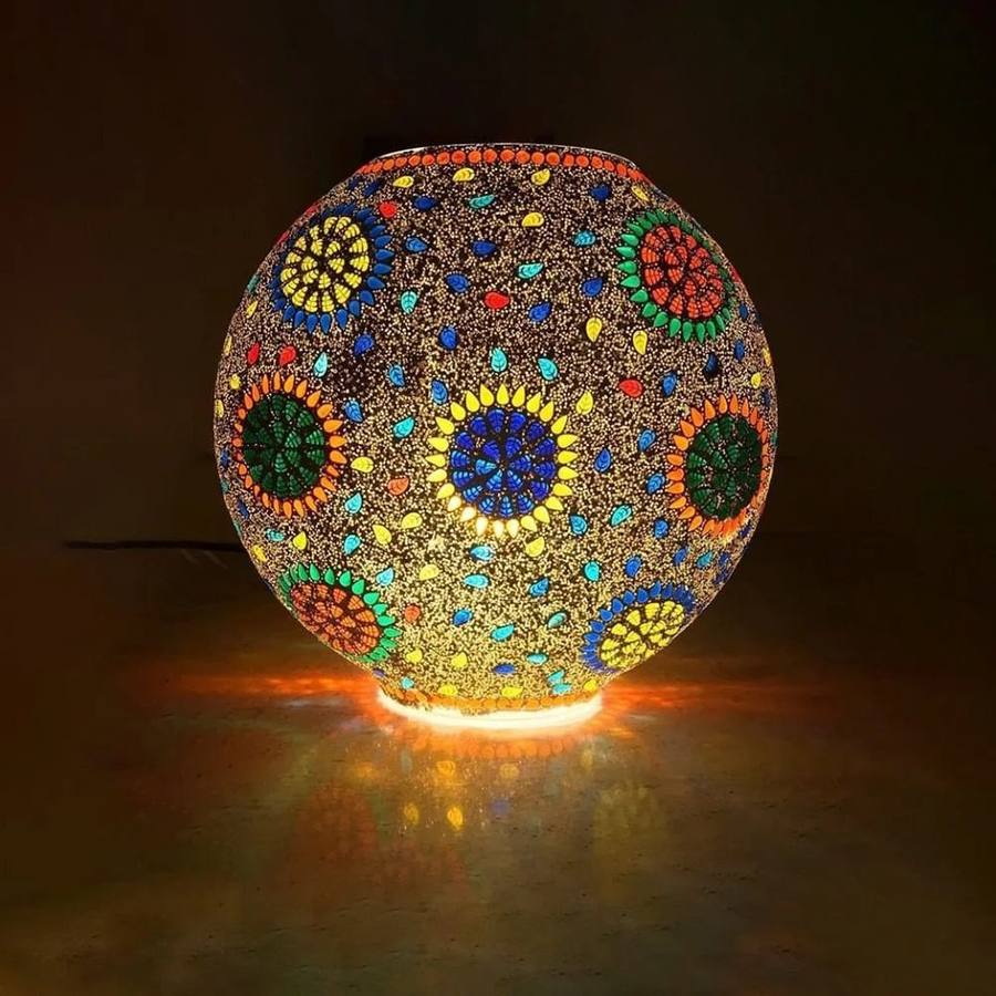 Glowing round mosaic glass lamp with colorful floral design