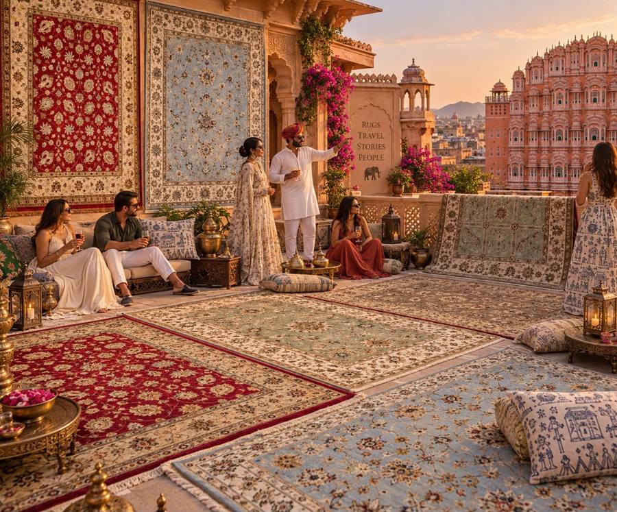 Rooftop rug display in Jaipur with Hawa Mahal in the background